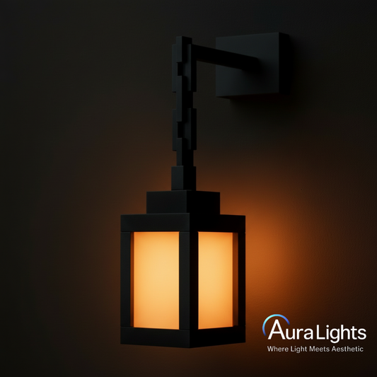 Minecraft-style LED wall lantern with warm orange ambient glow